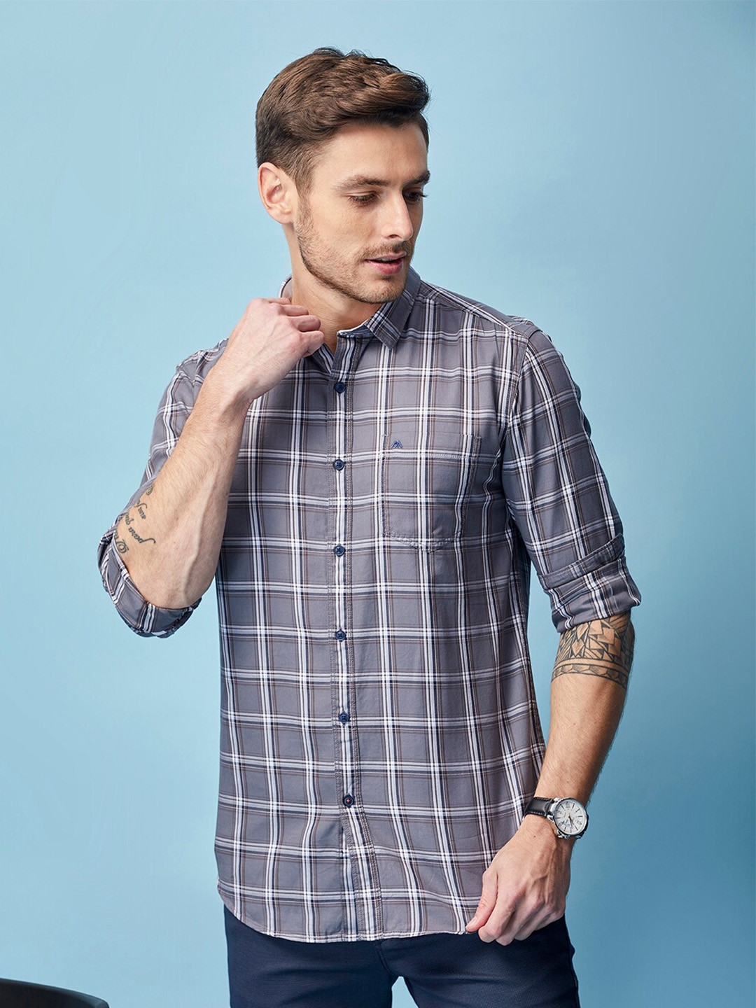 

MOZZO Classic Slim Fit Windowpane Checks Cotton Casual Shirt, Grey