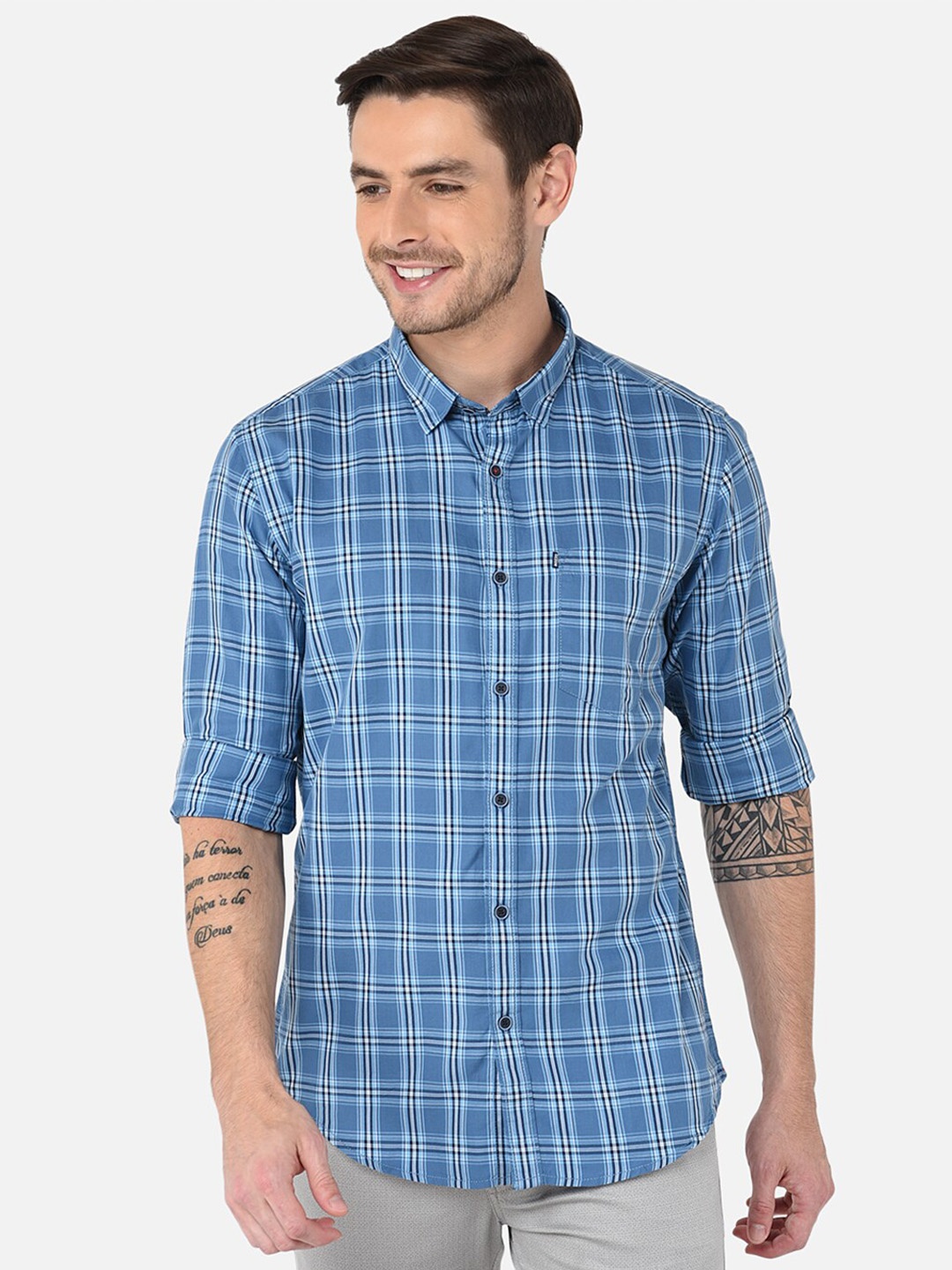 

MOZZO Classic Slim Fit Tartan Checks Cotton Casual Shirt, Blue