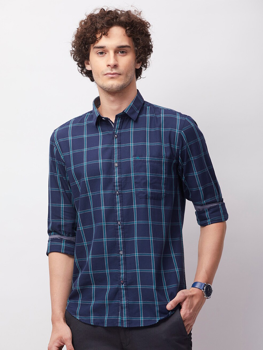 

MOZZO Classic Slim Fit Windowpane Checks Cotton Casual Shirt, Navy blue