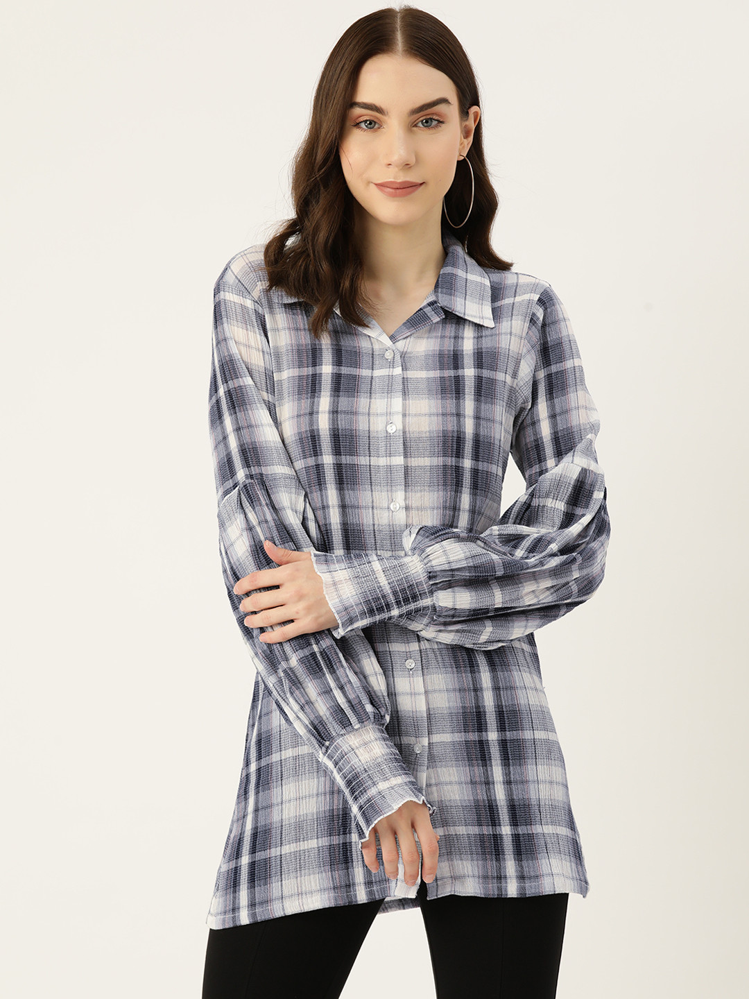 

Rue Collection Checked Puff Sleeve Cotton Shirt Style Longline Top, Navy blue