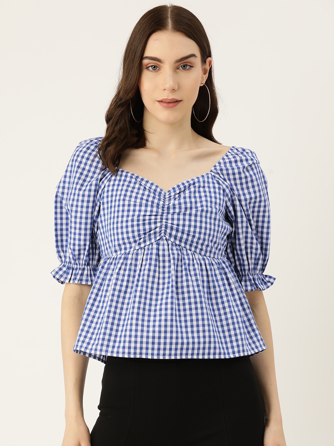 

Rue Collection Checked Sweetheart Neck Puff Sleeve Cotton Top, Navy blue