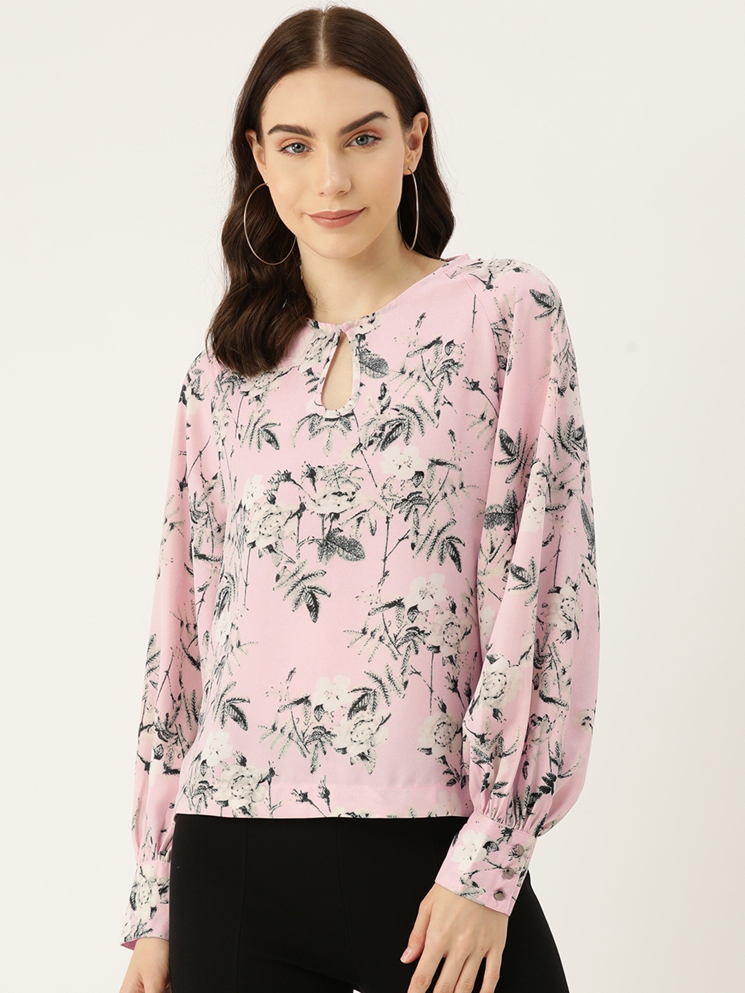 

Rue Collection Floral Print Keyhole Neck Puff Sleeve Top, Pink