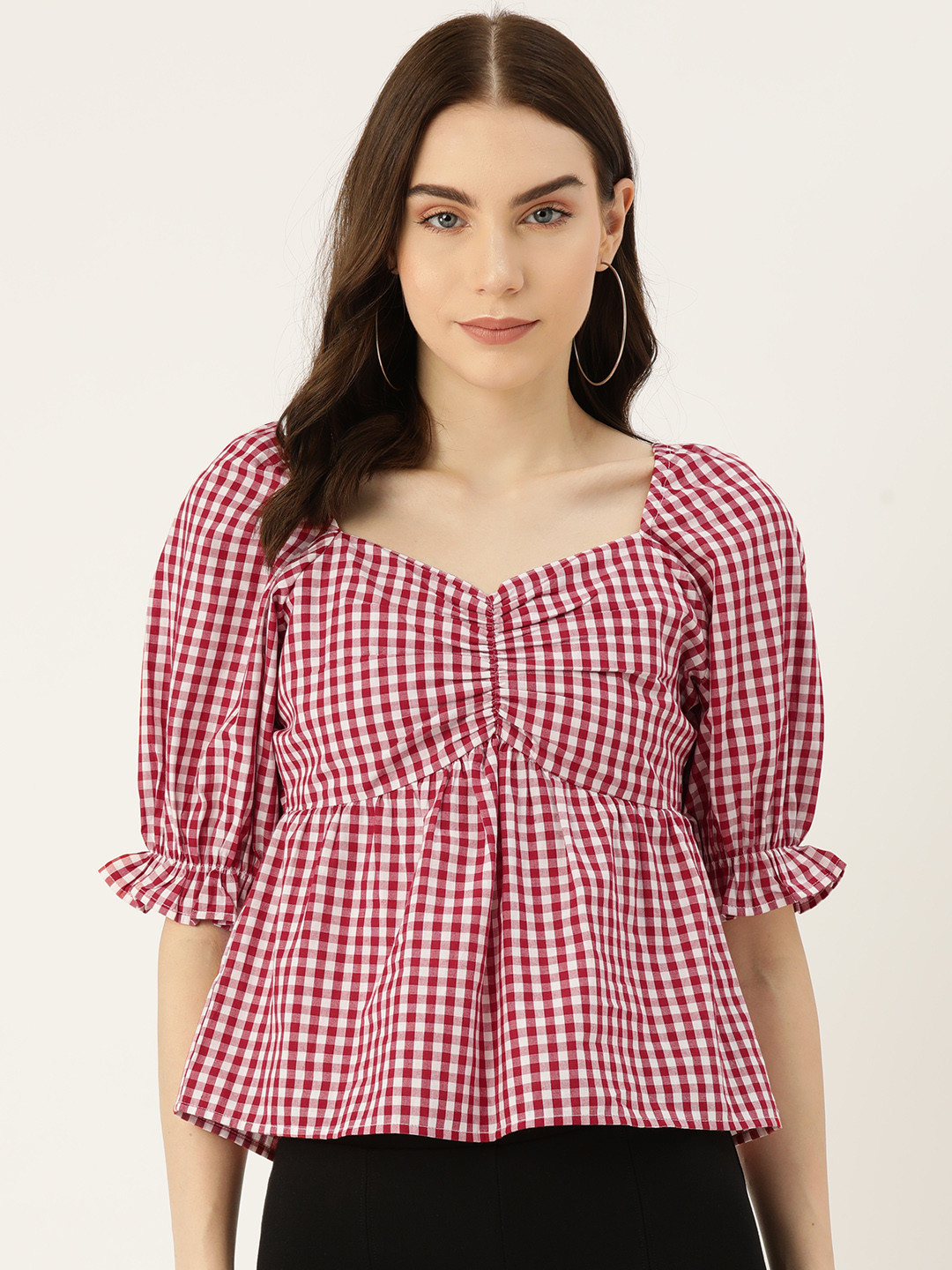 

Rue Collection Checked Sweetheart Neck Puff Sleeve Cotton Bardot Top, Red