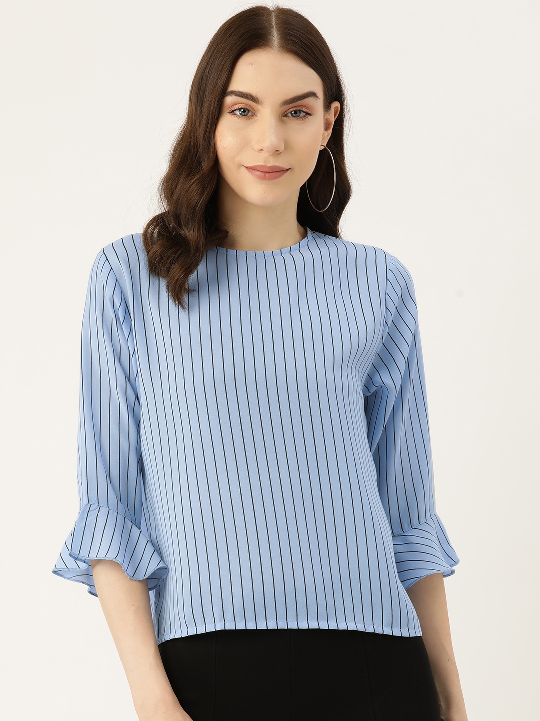 

Rue Collection Striped Flared Sleeve Crepe Top, Blue