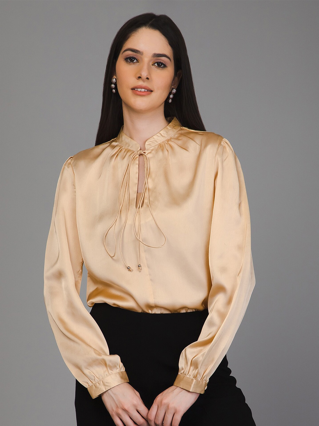 

PURYS Tie-Up Neck Cuffed Sleeves Satin Top, Beige