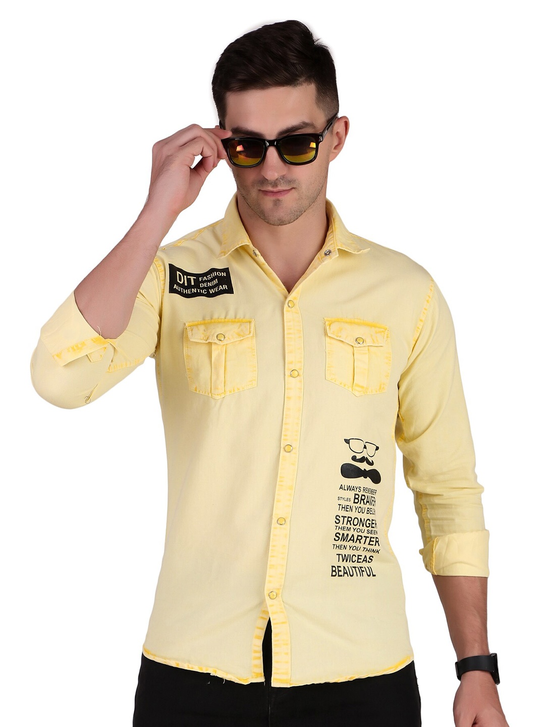 

PLUS 91 Typography Printed Cotton Casual Shirt, Yellow