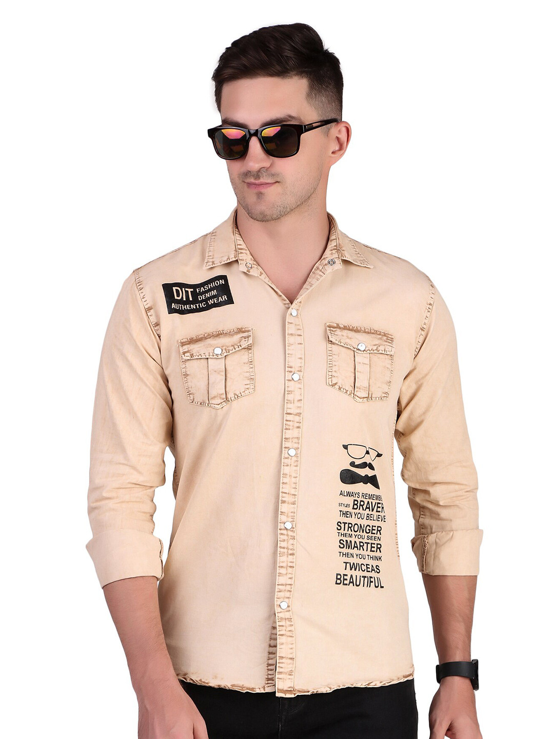 

PLUS 91 Spread Collar Cotton Casual Shirt, Brown