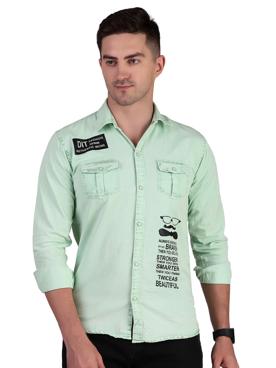 

PLUS 91 Spread Collar Cotton Casual Shirt, Green