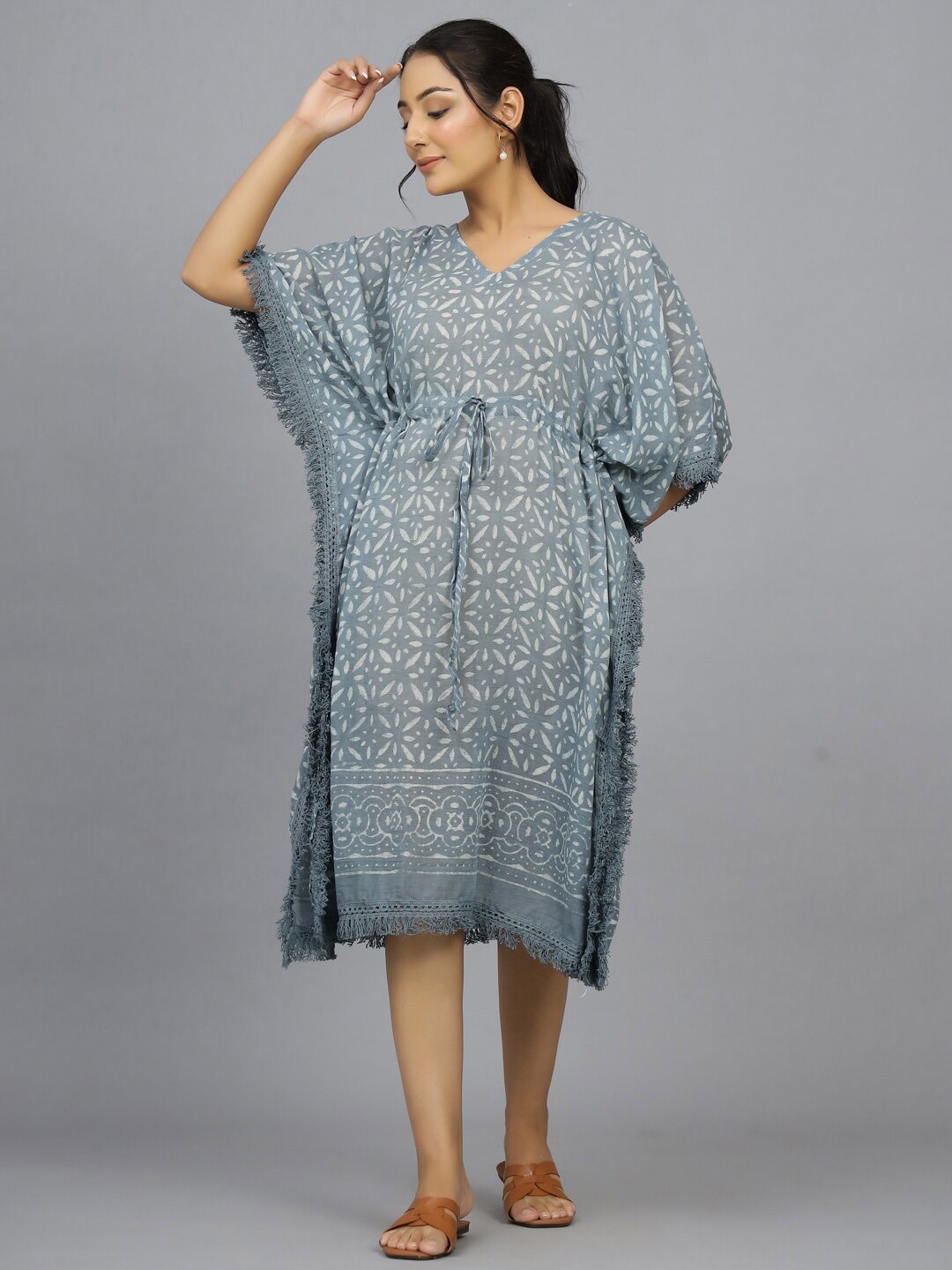 

HANDICRAFT PALACE Printed Pure Cotton Kaftan Kurta, Grey