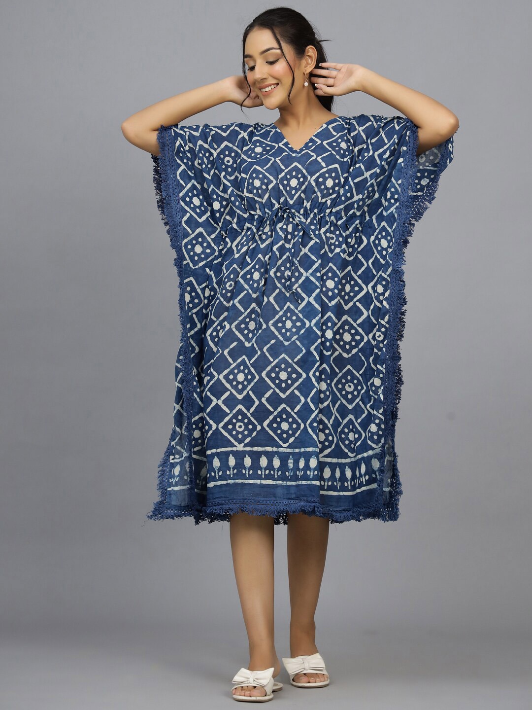 

HANDICRAFT PALACE Geometric Printed Pure Cotton Kaftan Nightdress, Blue