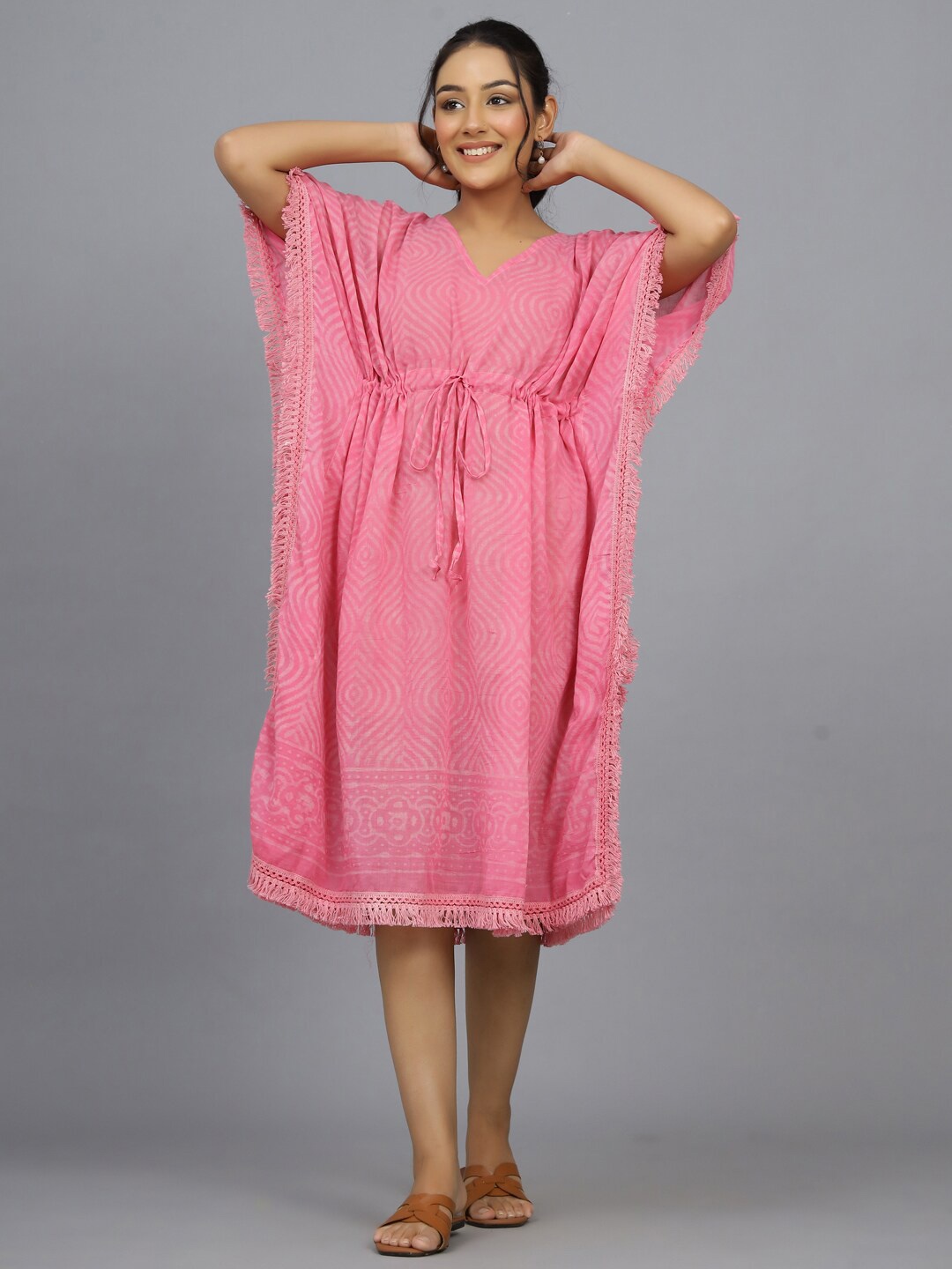 

HANDICRAFT PALACE Geometric Printed Pure Cotton Kaftan Nightdress, Pink