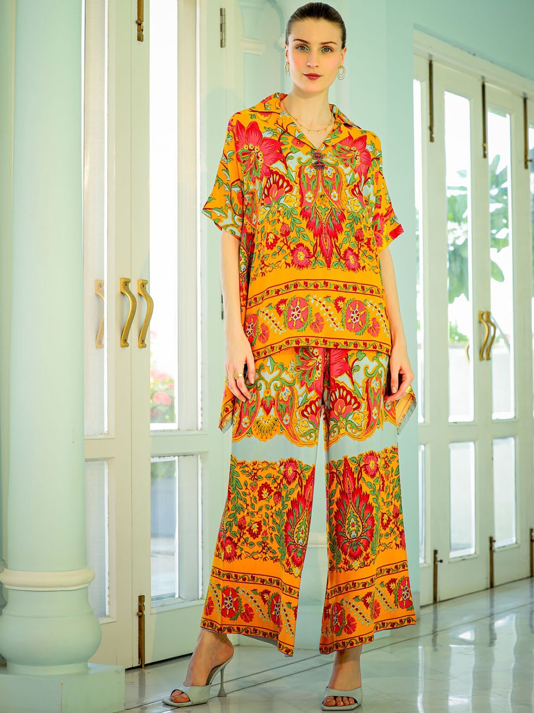 

FASHION DWAR Ethnic Motifs Printed Shirt Collar Top & Palazzos, Yellow