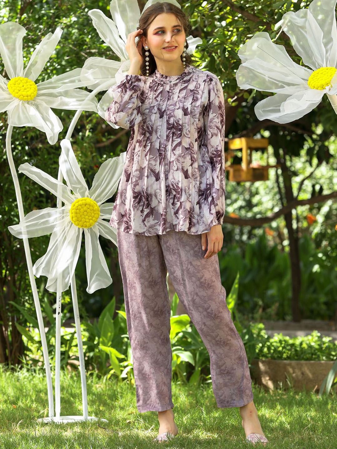 

FASHION DWAR Floral Printed Band Collar Top & Trousers, Purple