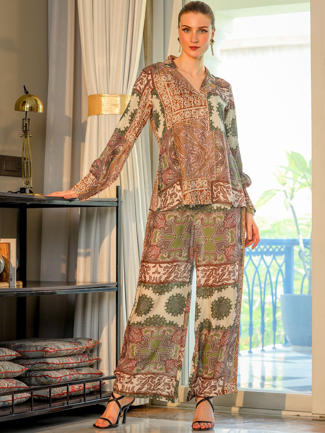 

FASHION DWAR Ethnic Printed Shirt Collar Top With Trousers, Brown