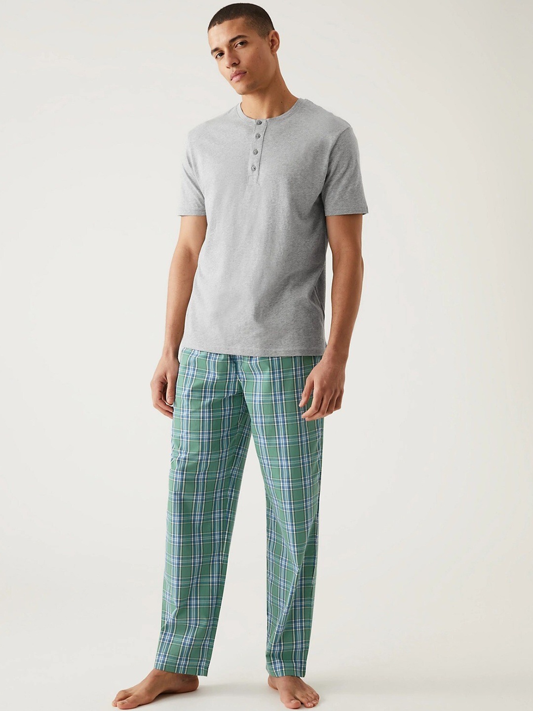 

Marks & Spencer Checked Pure Cotton Night Suit, Grey