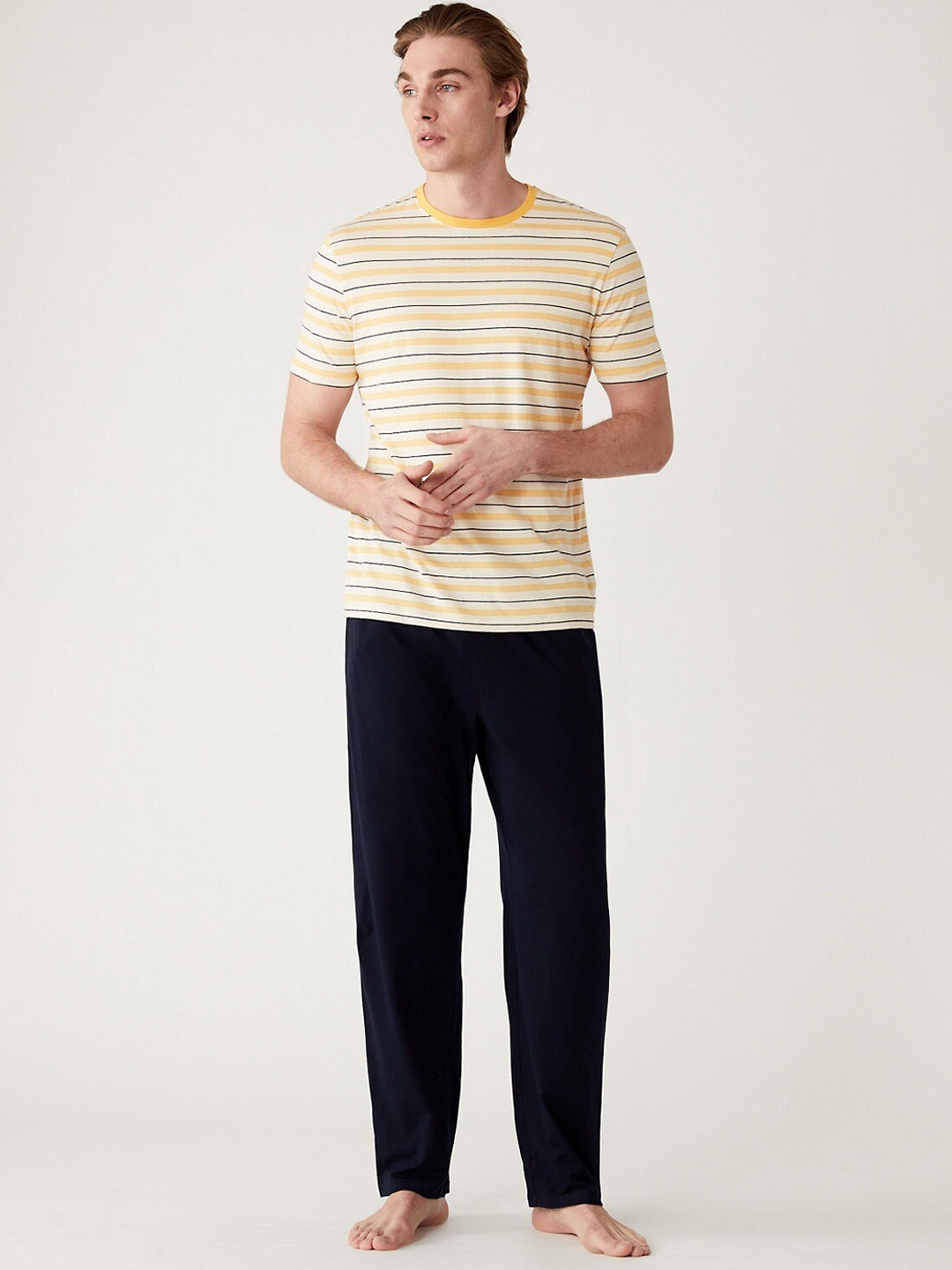 

Marks & Spencer Striped Pure Cotton Night Suit, Yellow