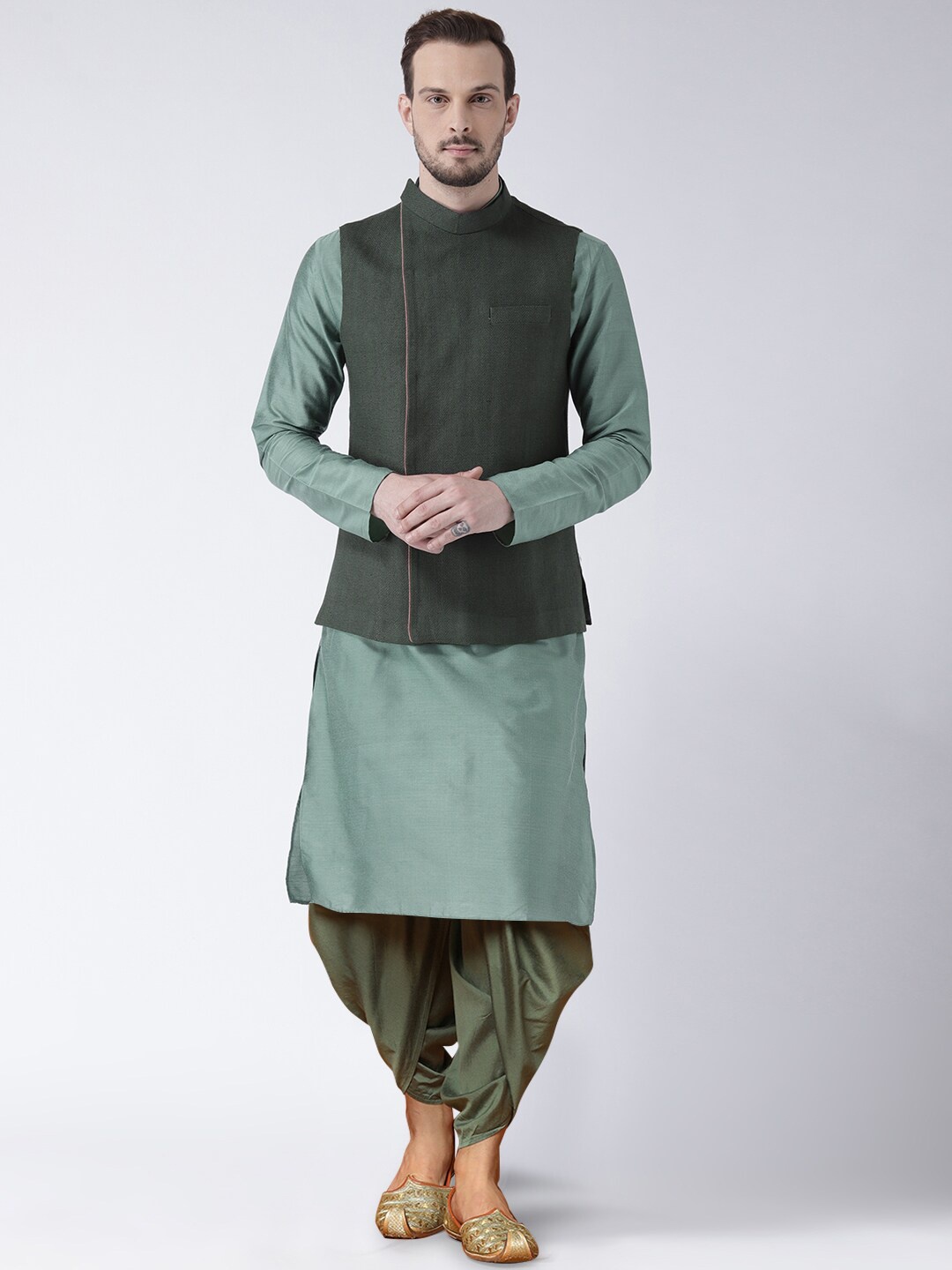 

KISAH Mandarin Collar Kurta & Dhoti Pants With Nehru Jacket, Green