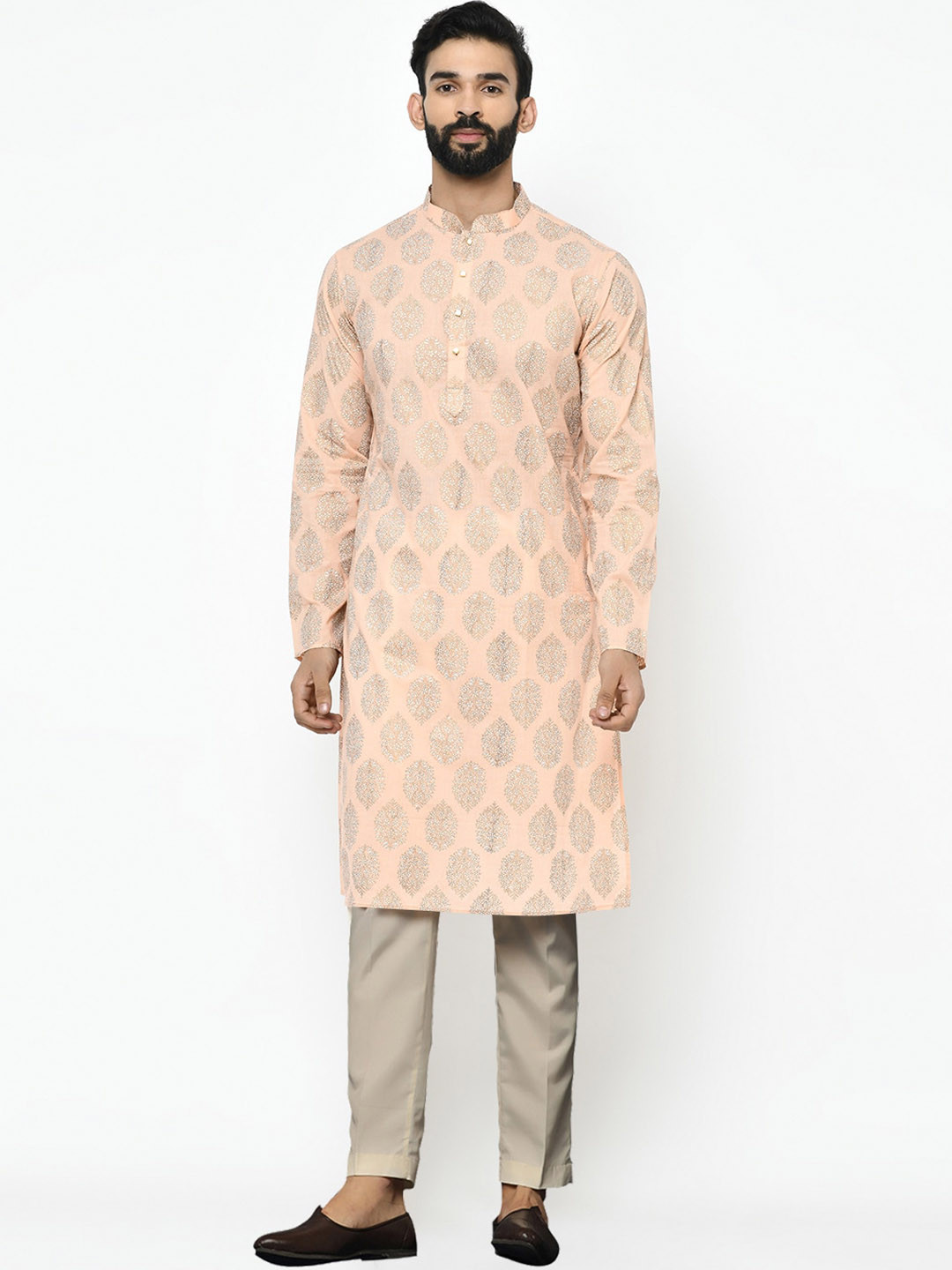 

KISAH Mandarin Collar Ethnic Printed Straight Kurta & Trousers with Nehru Jacket, Pink