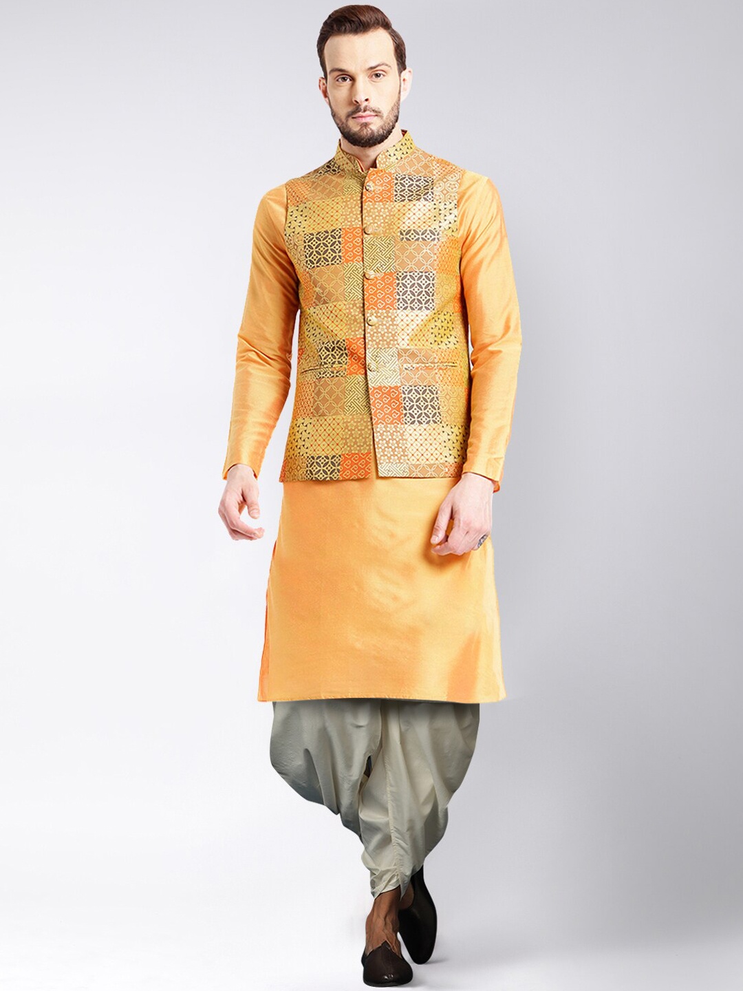 

KISAH Band Collar Straight Kurta & Dhoti Pants with Nehru Jacket, Yellow