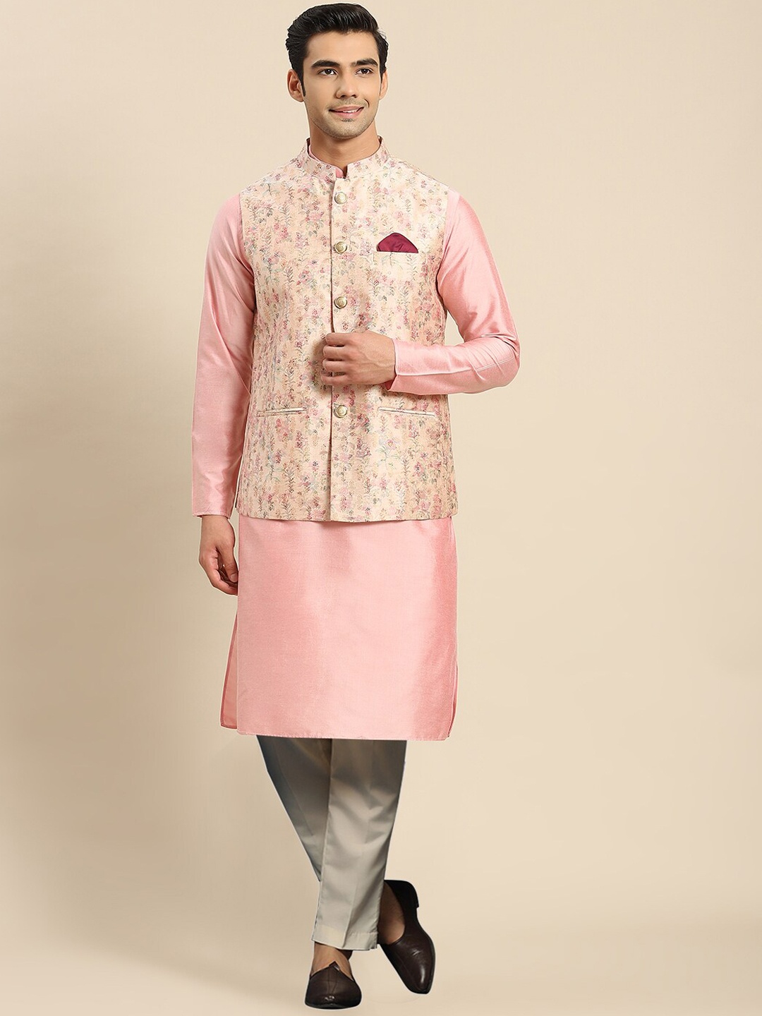 KISAH Mandarin Collar Kurta With Dhoti Pants With Printed Nehru jacket, Pink