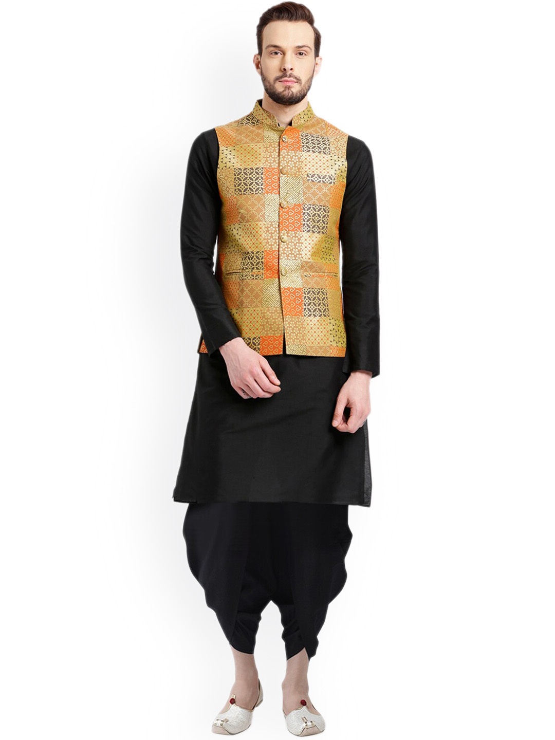 KISAH Band Collar Straight Kurta & Dhoti Pants with Nehru Jacket, Black