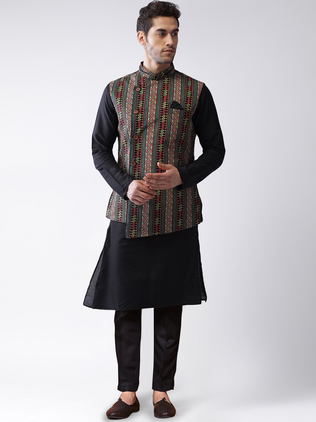 

KISAH Mandarin Collar Kurta With Trouser & Printed Nehru Jacket, Black