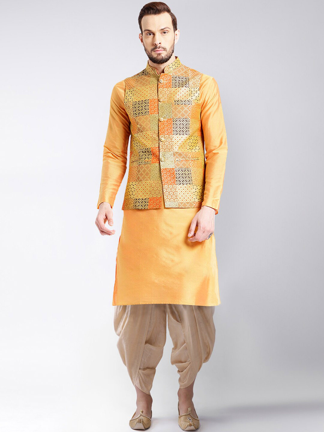 

KISAH Men Band Collar Straight Kurta & Dhoti Pants with Nehru Jacket Set, Yellow