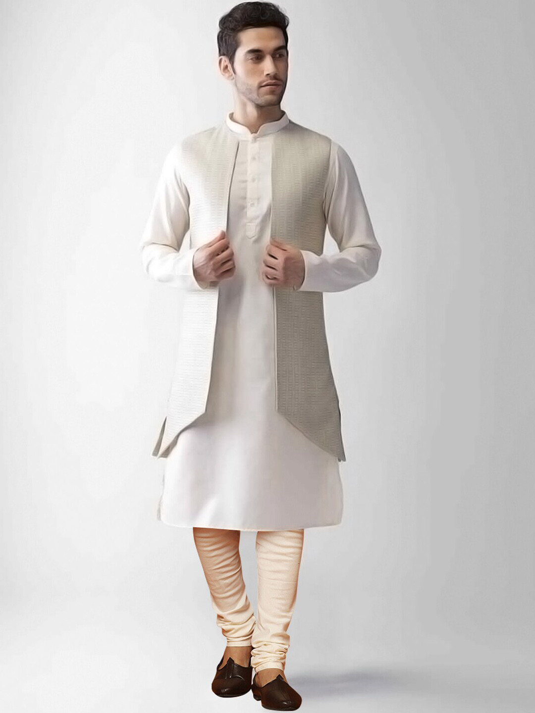

KISAH Cream-Coloured Mandarin Collar Straight Kurta & Churidar with Jacket