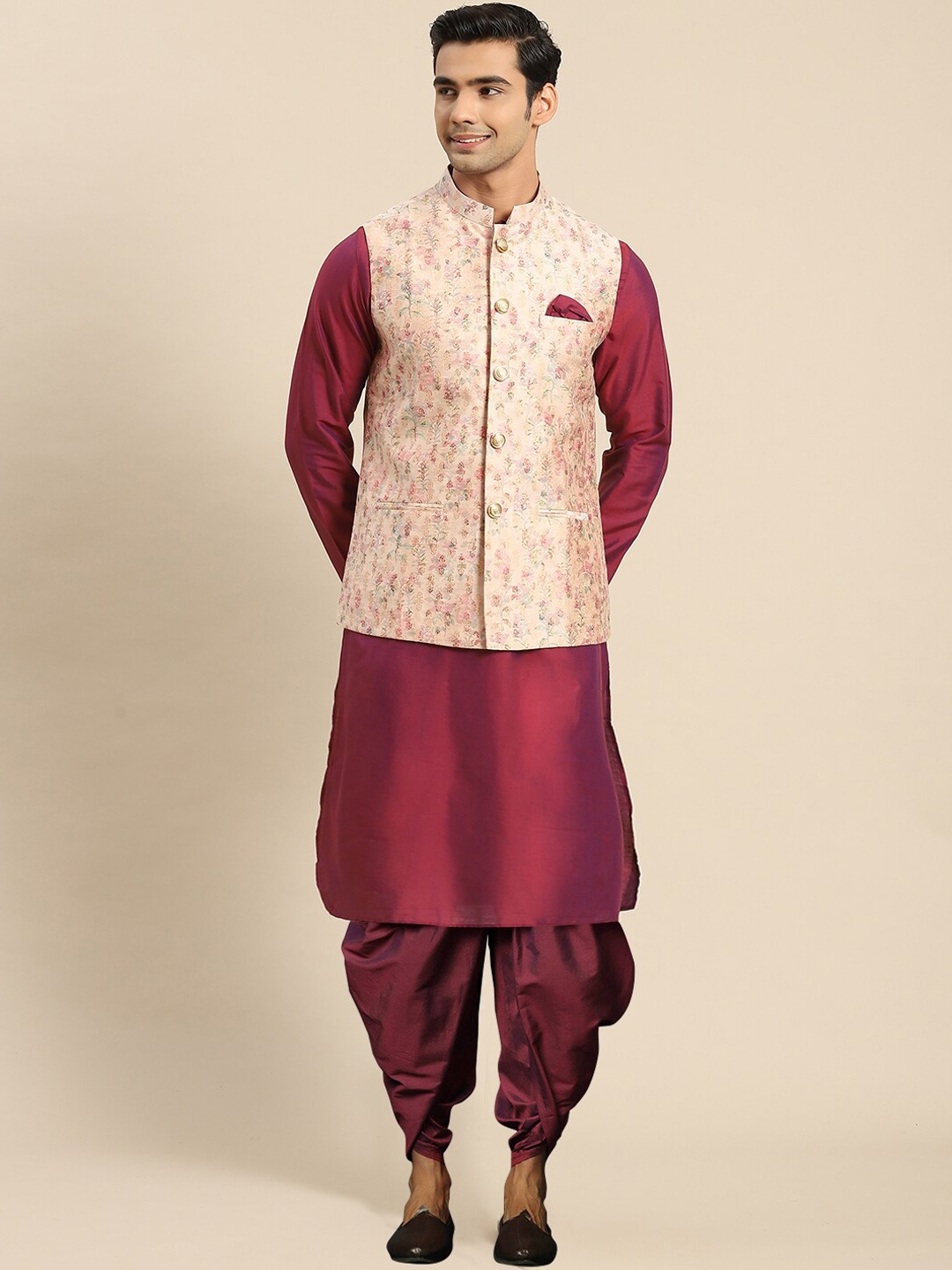

KISAH Mandarin Collar Kurta With Dhoti Pants & Printed Nehru Jacket, Maroon