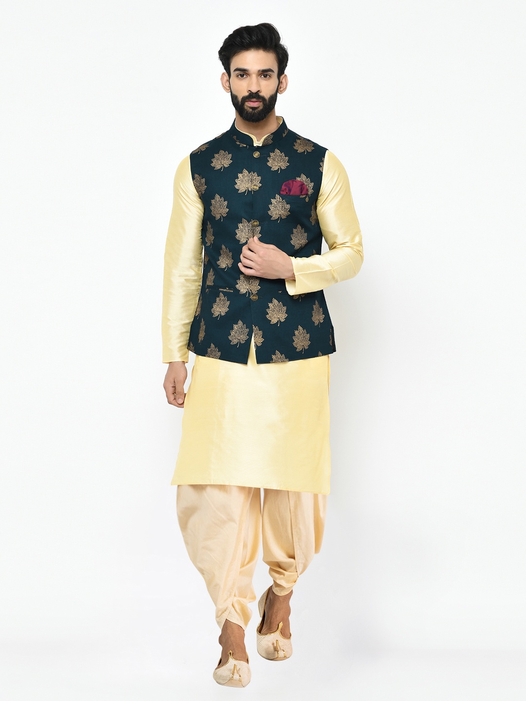 

KISAH Mandarin Collar Kurta & Dhoti Pants With Printed Nehru Jacket, Gold