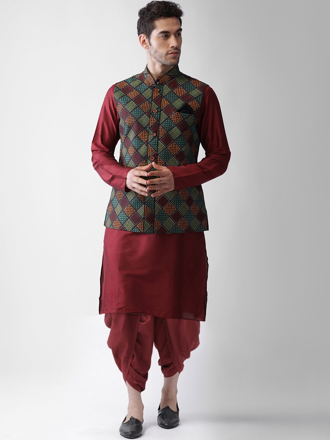 

KISAH Mandarin Collar Straight Kurta & Dhoti Pants with Nehru Jacket, Maroon