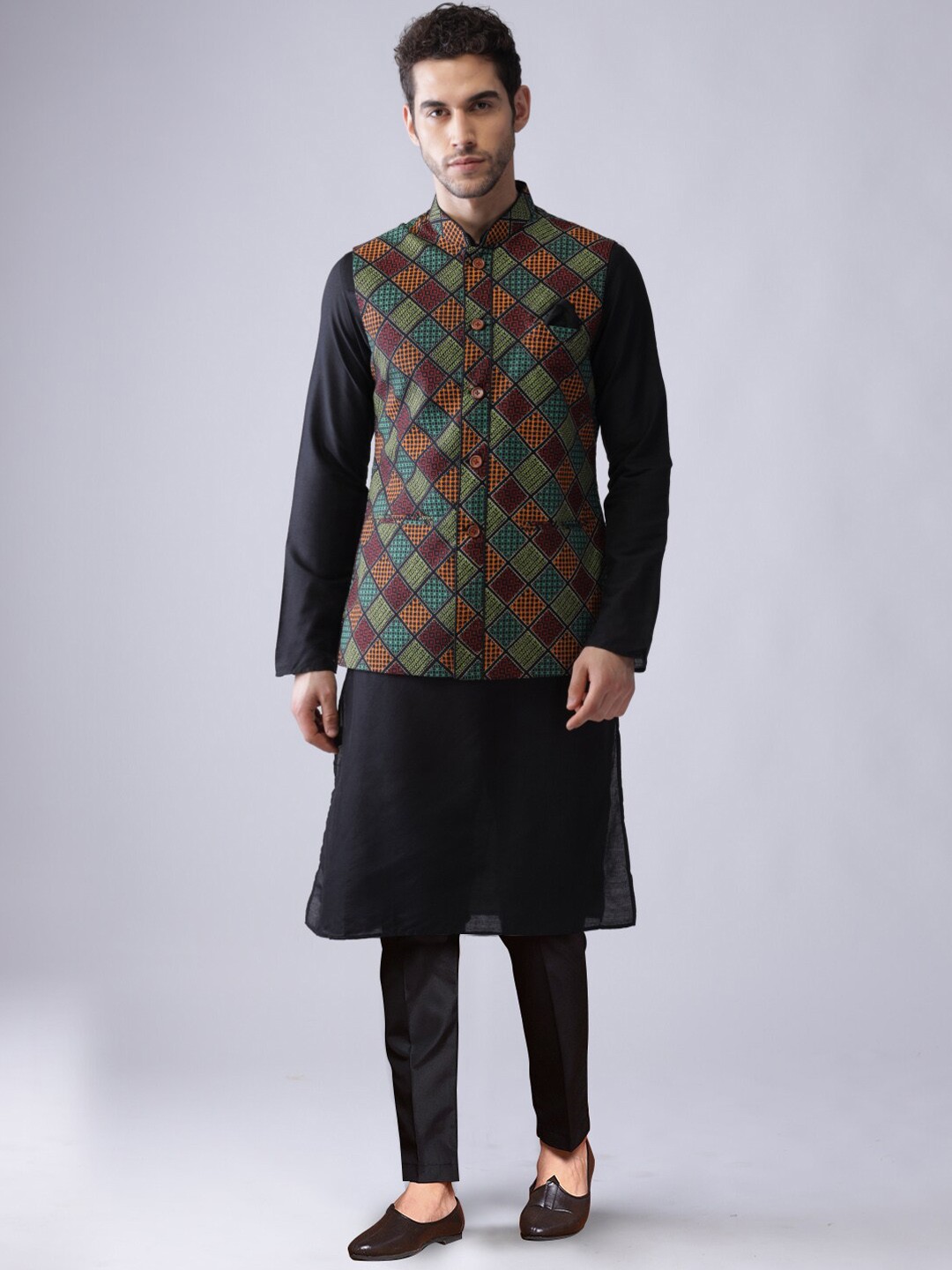 

KISAH Mandarin Collar Kurta With Trouser & Printed Nehru Jacket, Black