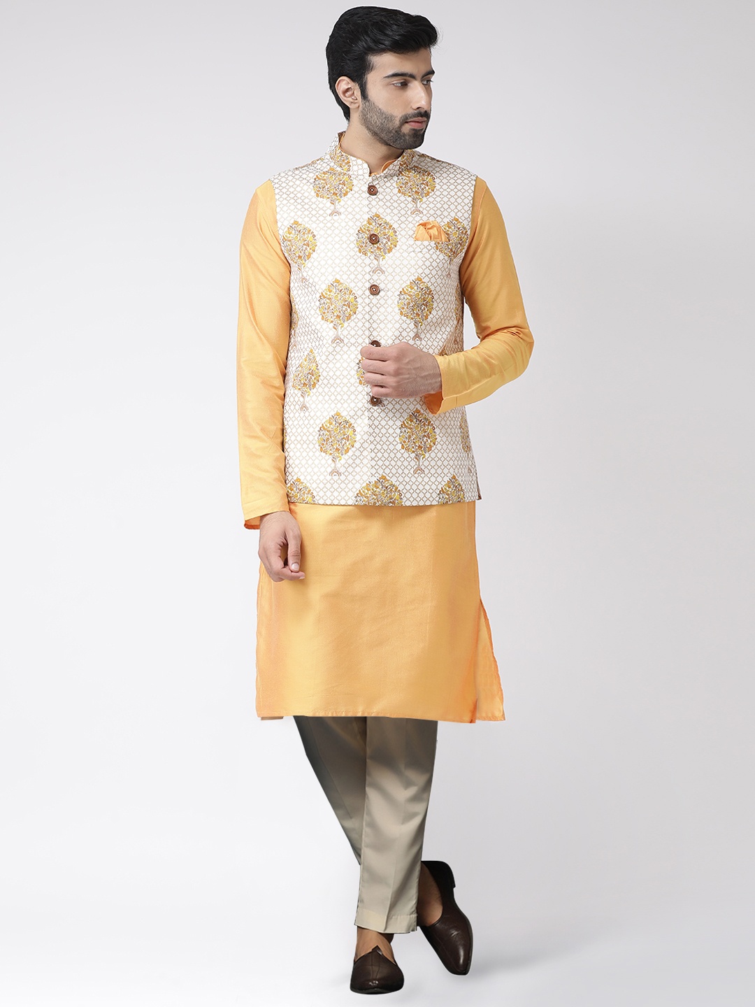 

KISAH Mandarin Collar Straight Kurta & Trousers with Nehru Jacket, Yellow