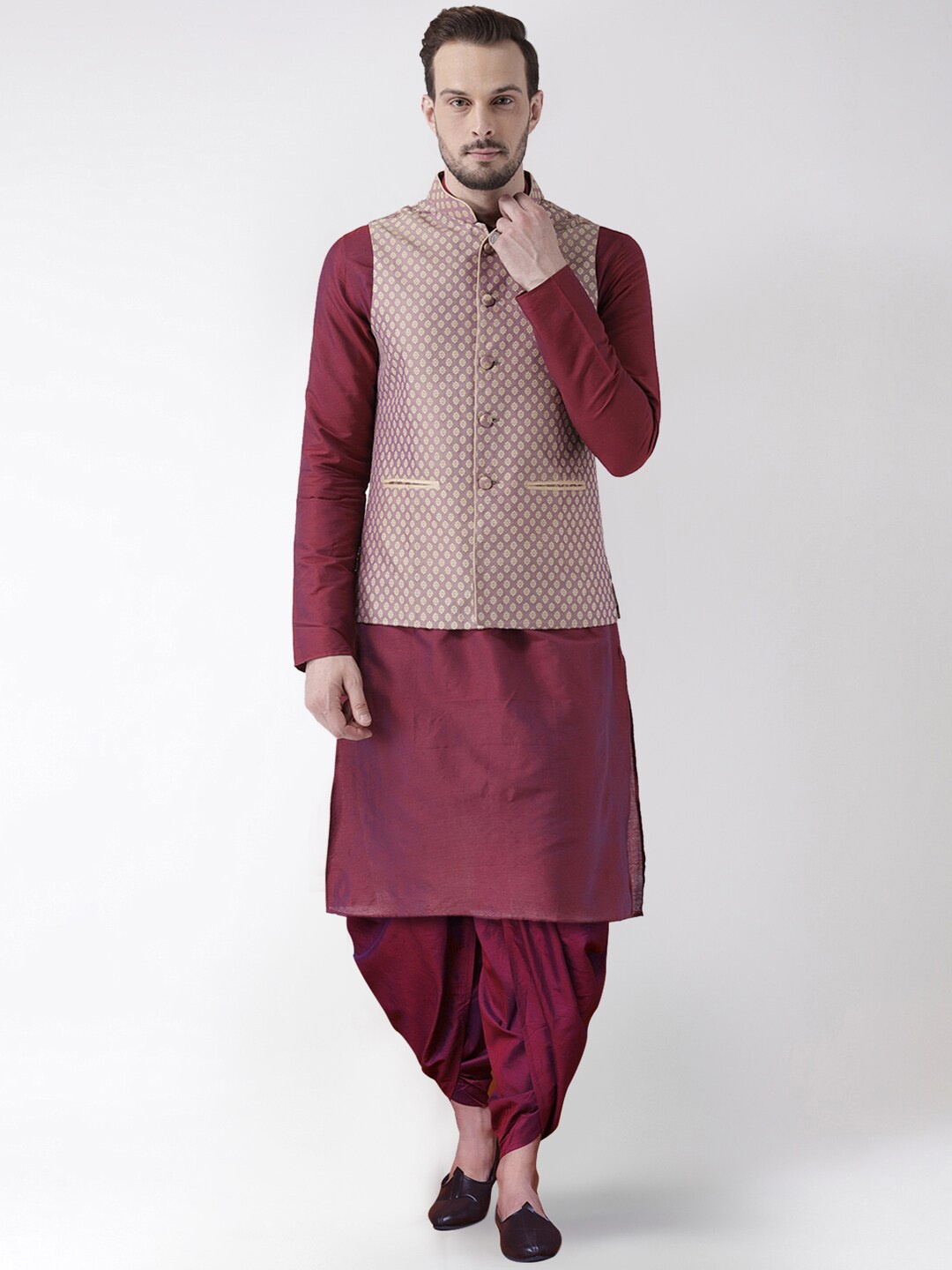 

KISAH Mandarin Collar Kurta With Dhoti Pants With Woven Design Nehru jacket, Mauve
