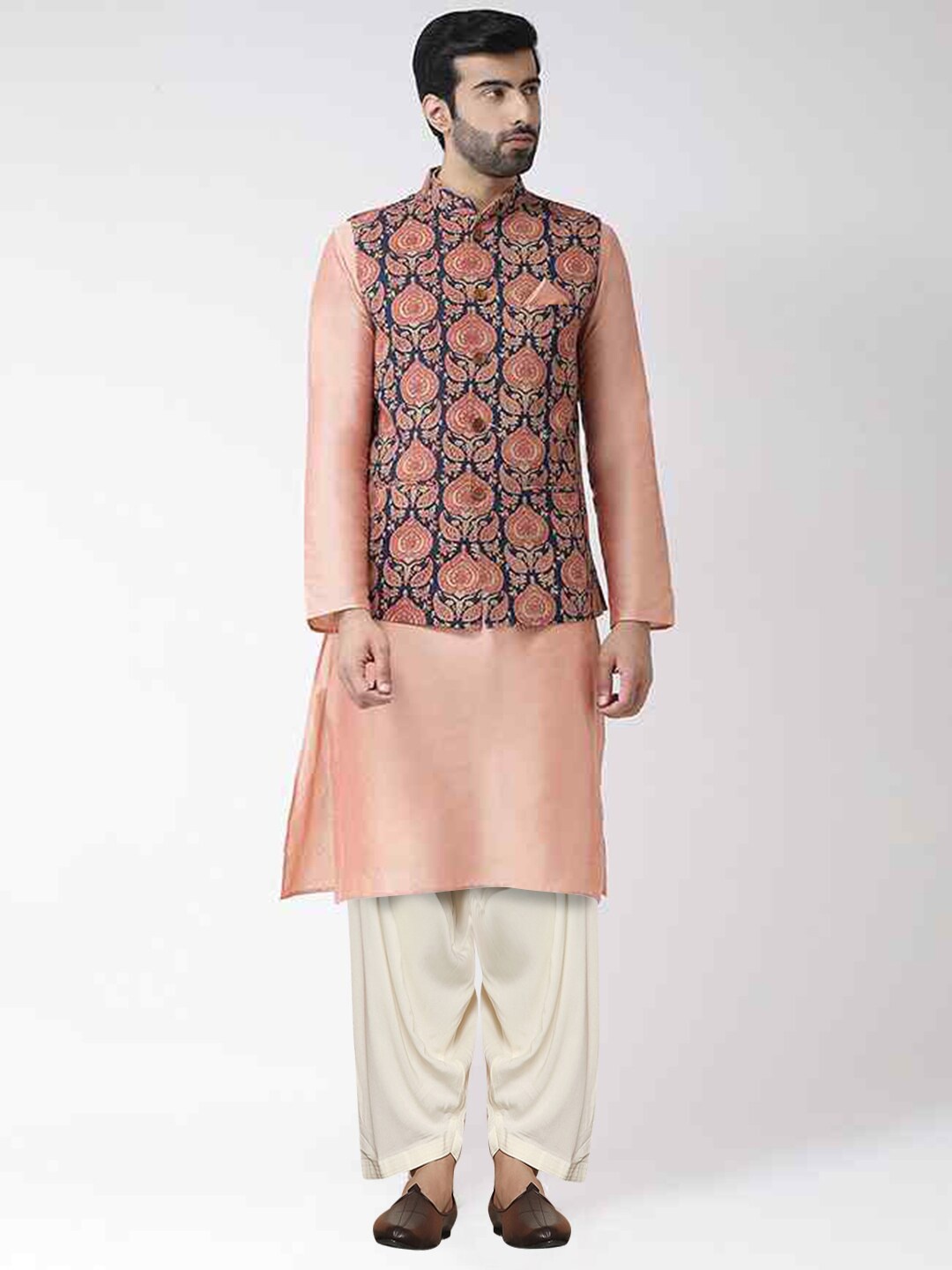 

KISAH Mandarin Collar Kurta With Dhoti Pants With Printed Nehru jacket, Peach
