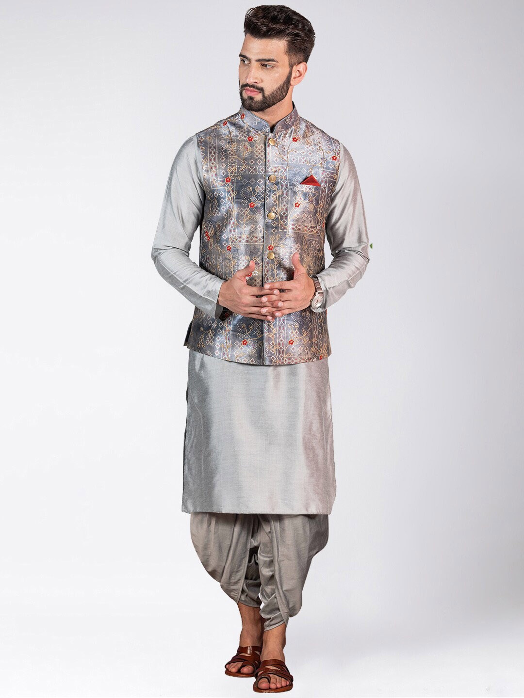 

KISAH Mandarin Collar Straight Kurta & Dhoti Pants with Zari Embroidered Nehru Jacket, Grey