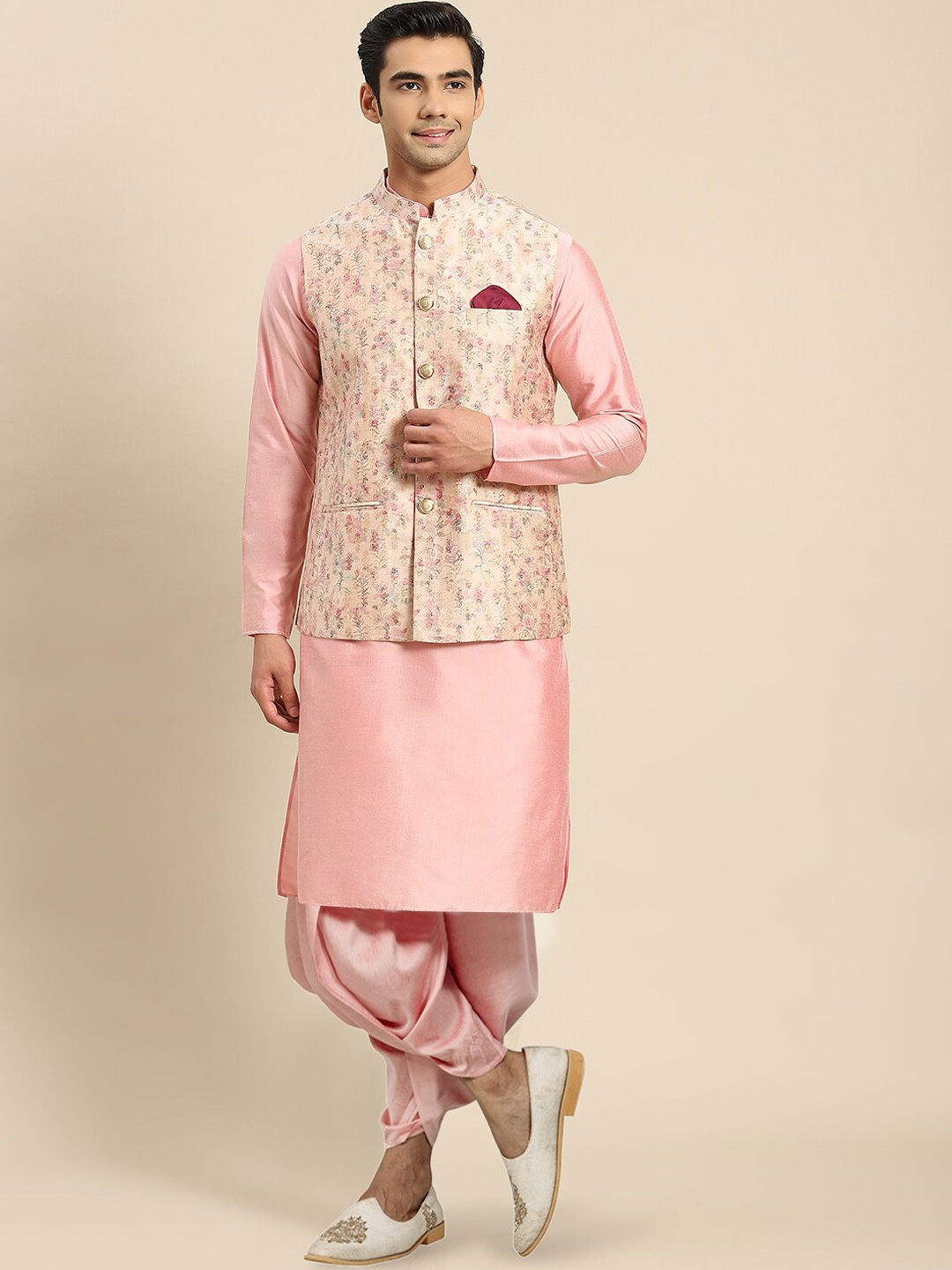 

KISAH Mandarin Collar Kurta With Dhoti Pants With Printed Nehru jacket, Pink