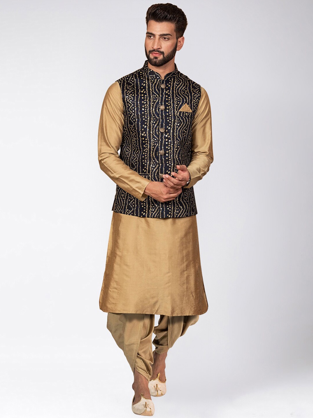 

KISAH Mandarin Collar Kurta With Dhoti Pants & Printed Nehru Jacket, Gold