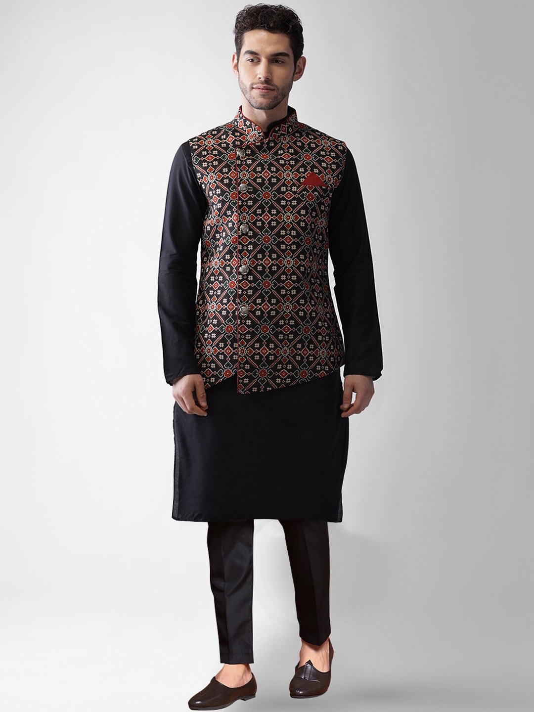 

KISAH Men Mandarin Collar Straight Kurta & Trousers with Nehru Jacket Set, Black