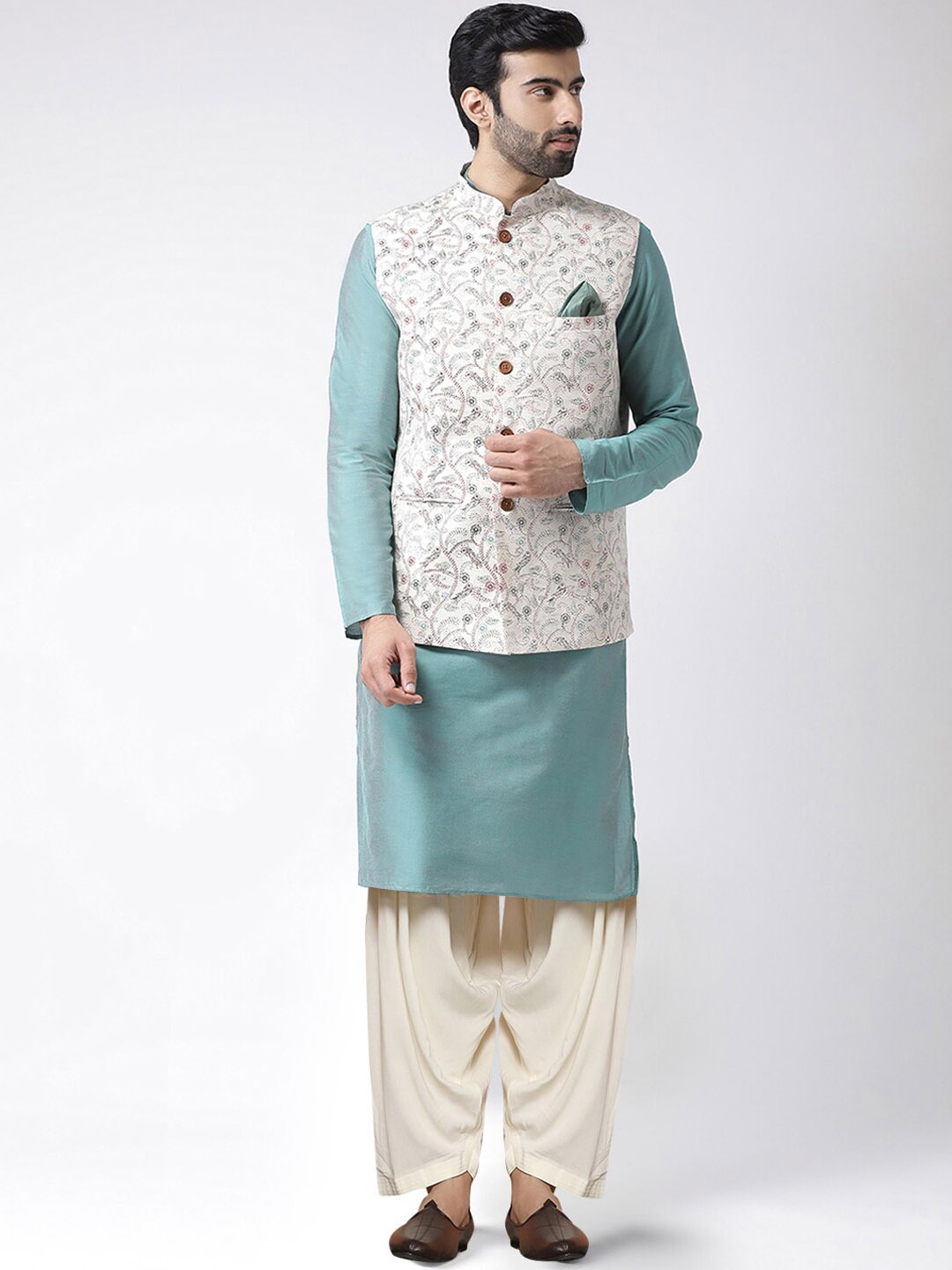 

KISAH Mandarin Collar Kurta With Patiala & Printed Nehru Jacket, Blue