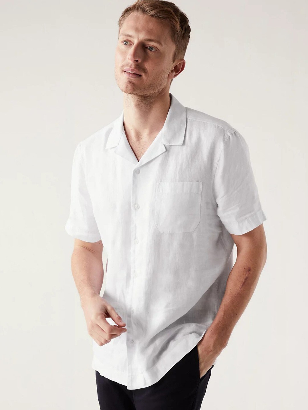 

Marks & Spencer Cuban Collar Linen Casual Shirt, White