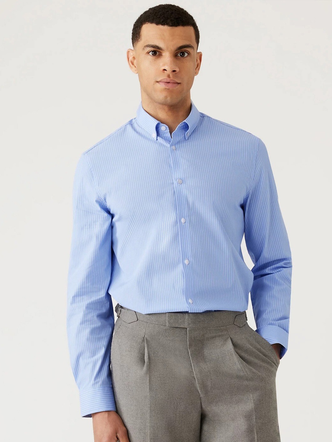 

Marks & Spencer Vertical Striped Button-Down Collar Formal Shirt, Blue