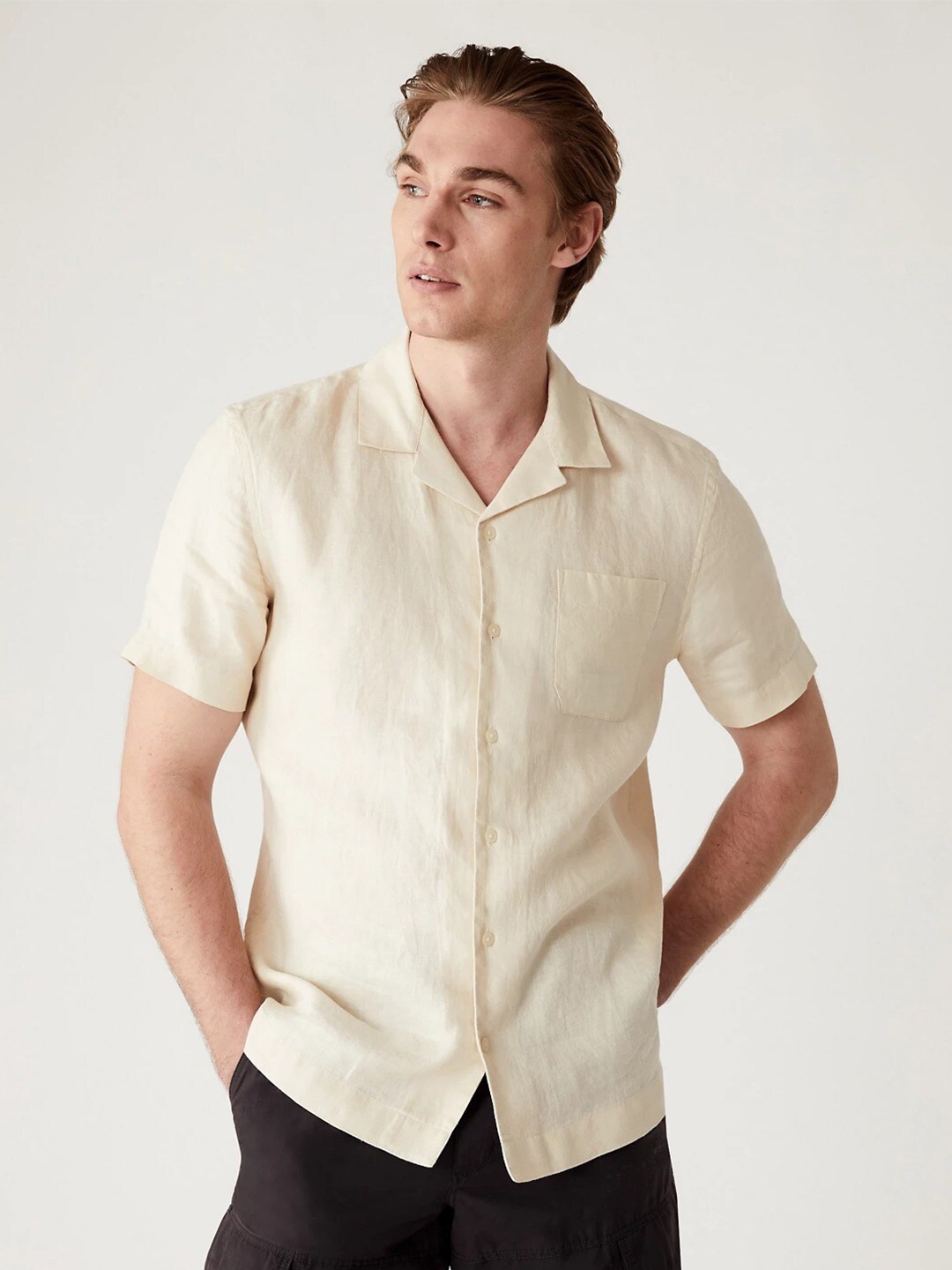 

Marks & Spencer Cuban Collar Pure Linen Casual Shirt, Off white