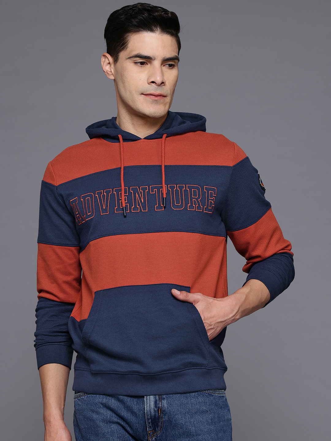 

Allen Solly Sport Colourblocked & Printed Hooded Sweatshirt, Rust