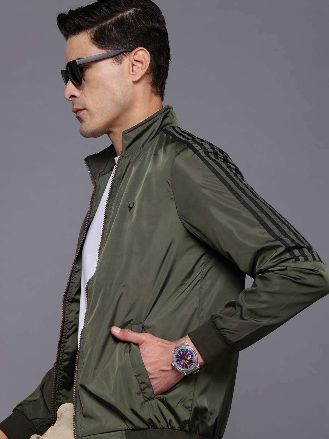 

Allen Solly Sport Strip Sleeves Bomber Jacket, Olive