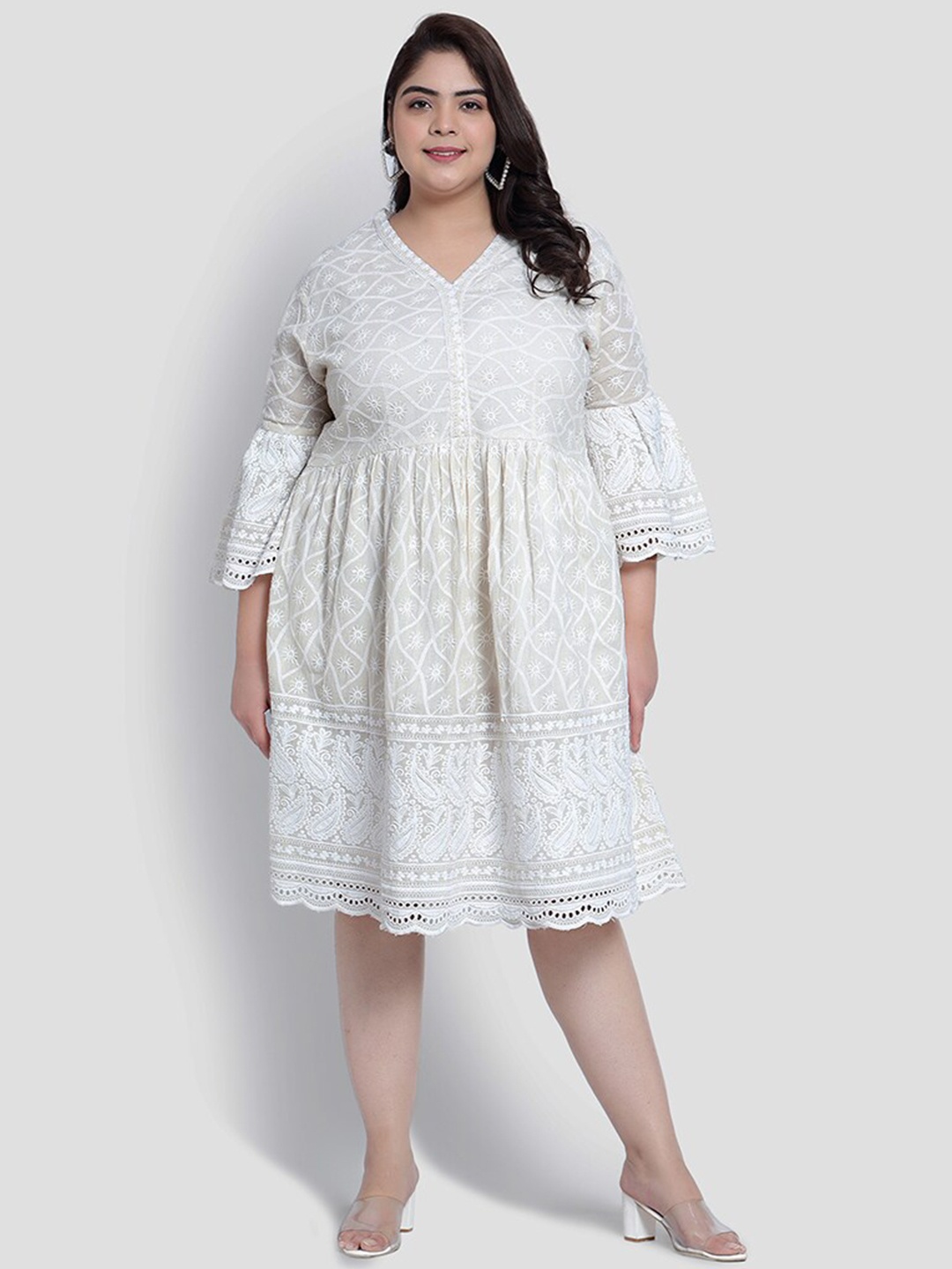 

Indietoga's Plus Size Ethnic Motifs Self Design Embroiderd Bell Sleeves Fit & Flare Dress, Off white