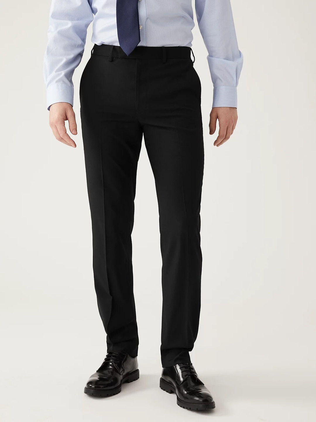 

Marks & Spencer Men Mid Rise Plain Slim Fit Formal Trousers, Black