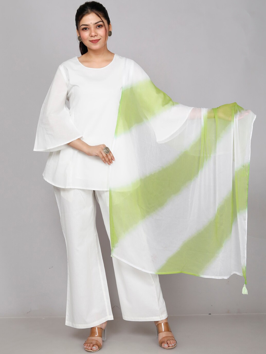 

NH KAPDEWALA Flared Sleeves Pure Cotton Top With Palazzos & Dupatta, White