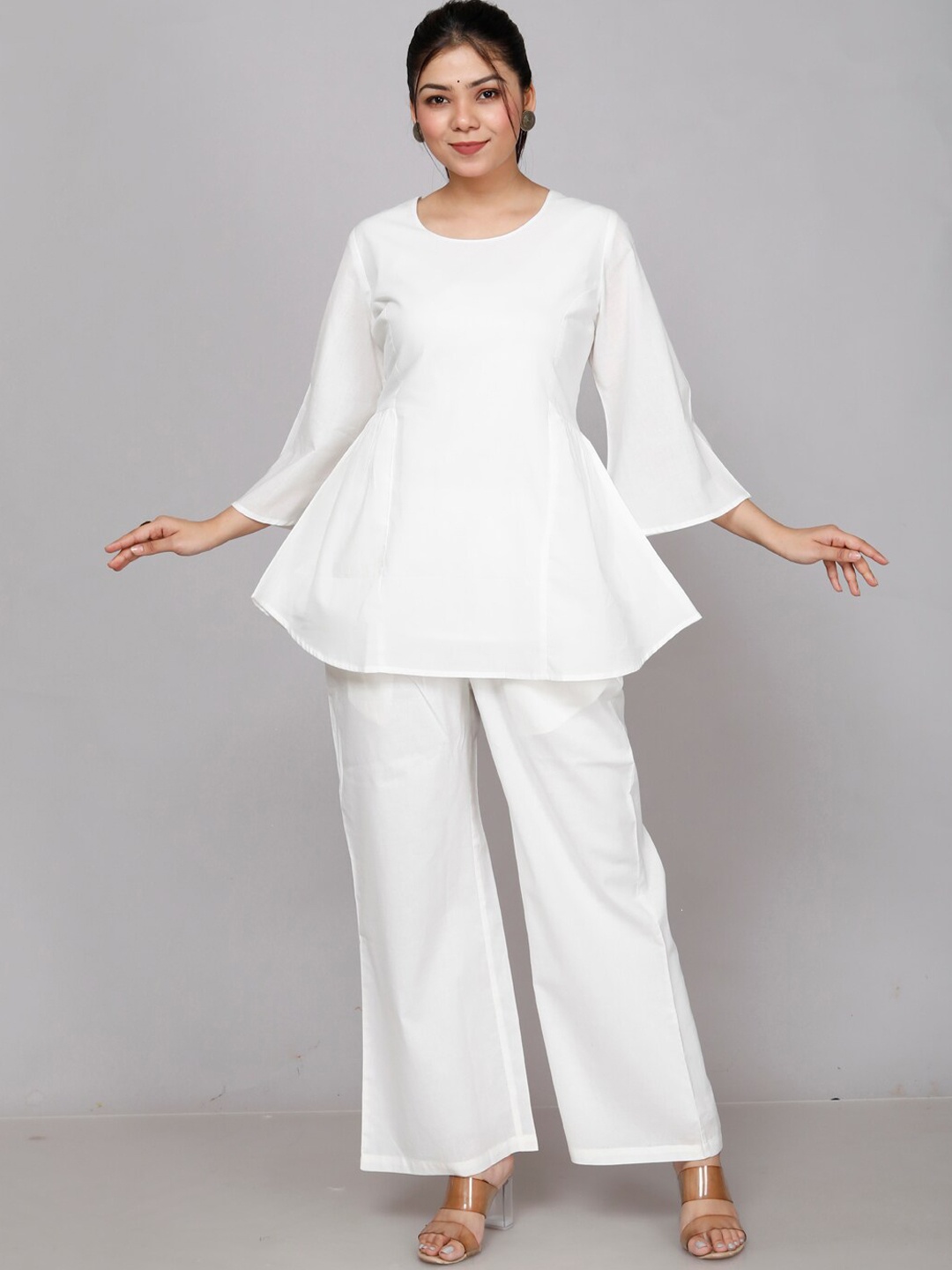 

NH KAPDEWALA Flared Sleeves Pure Cotton Top With Palazzos, White