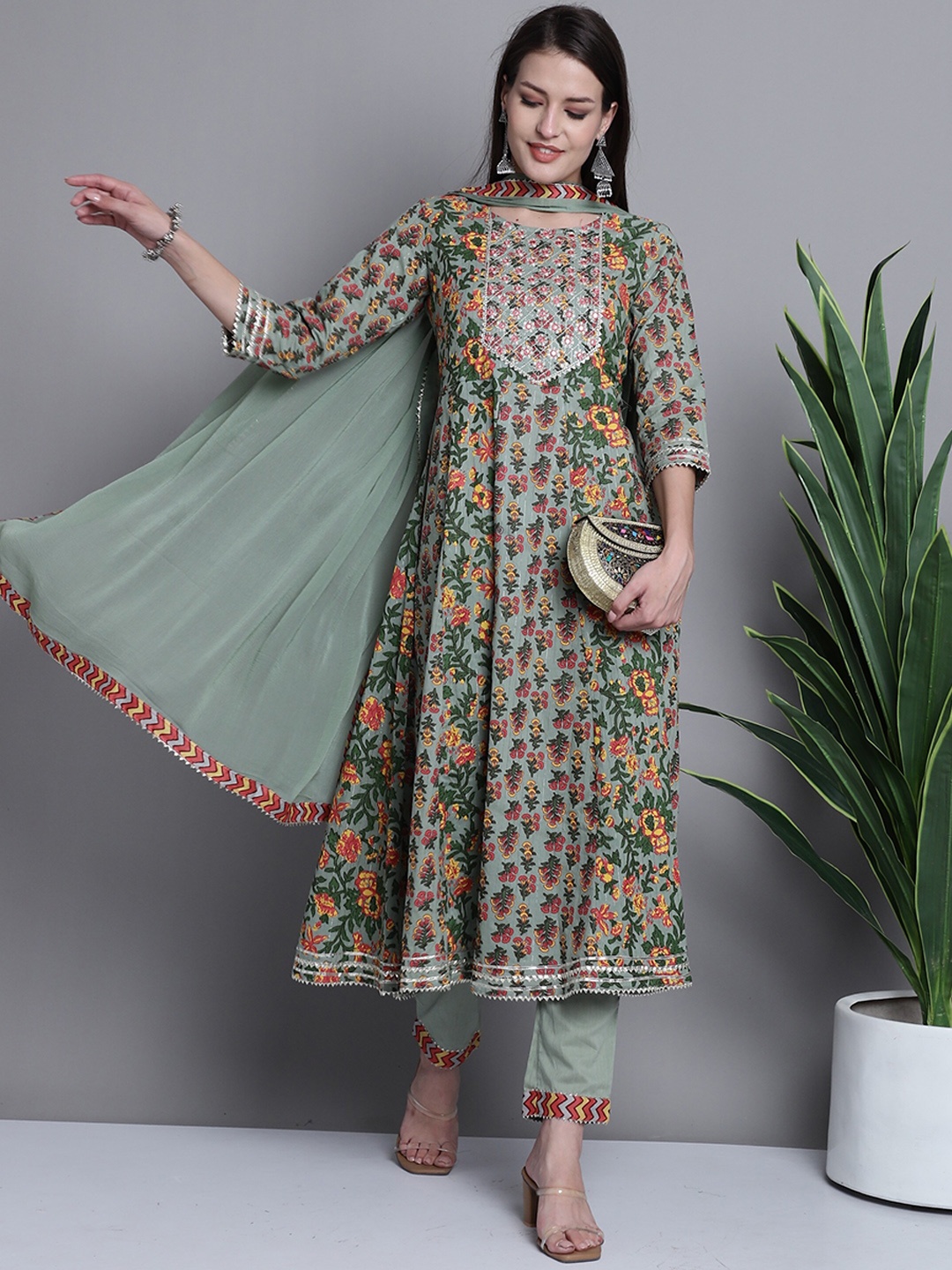 

Rajnandini Floral Embroidered Gotta Patti Pure Cotton A-Line Kurta & Trousers with Dupatta, Green